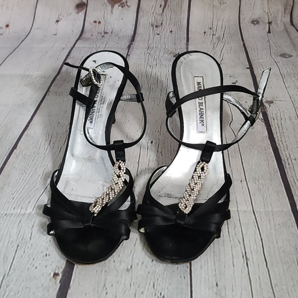 Manolo Blahnik Black Satin Embellished Heels